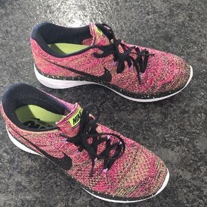 Nike Pink and Green Athletic Shoes with Flyknit Upper